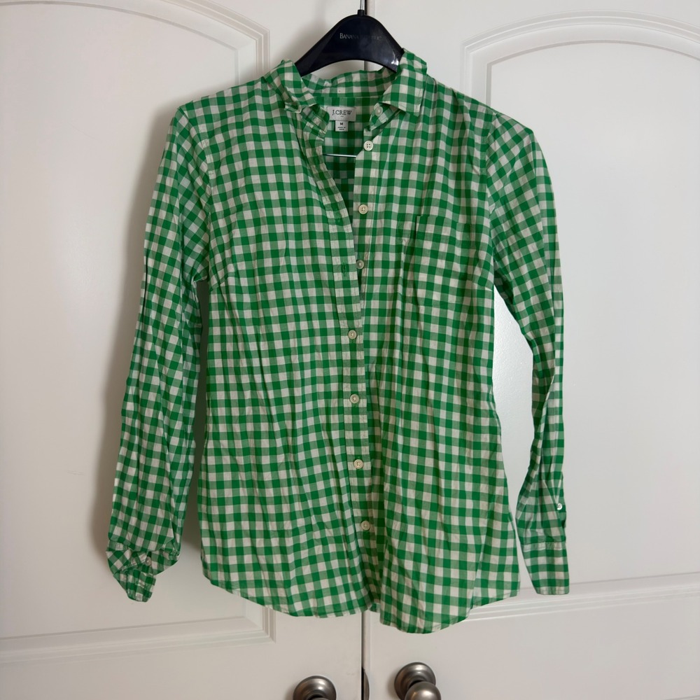 J.Crew Womens Green White Gingham Check Long Sleeve Button Down Shirt Size M
